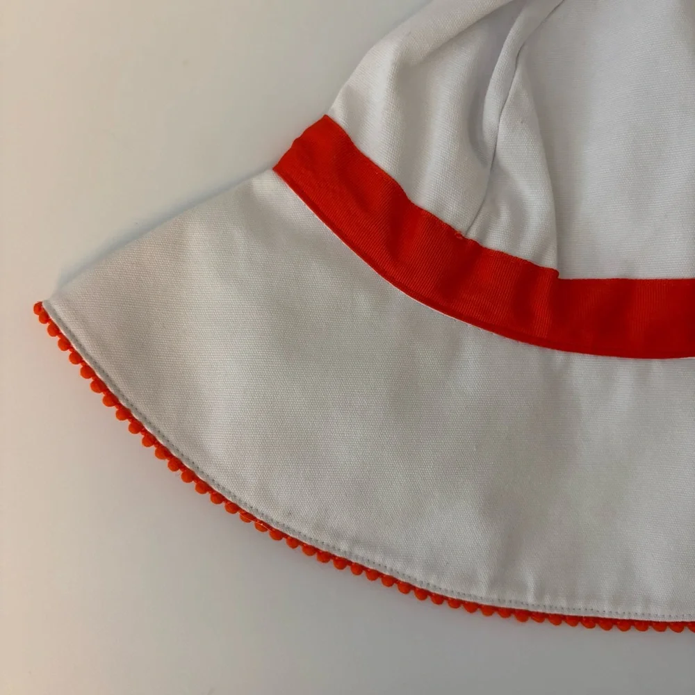 Janie and Jack white sunhat with orange bow and pom trim size 6-8